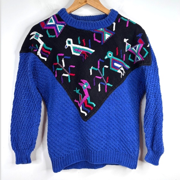 Vintage 90s Embroidered Aztec Bird Sweater S Vale La Pena Guatemala Southwestern - Picture 1 of 9
